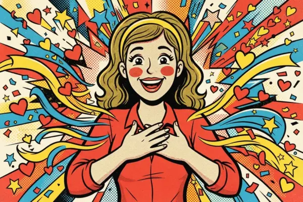 Pop-art illustration of a delighted woman pressing both hands to her chest, surrounded by hearts, stars and swirling ribbons.